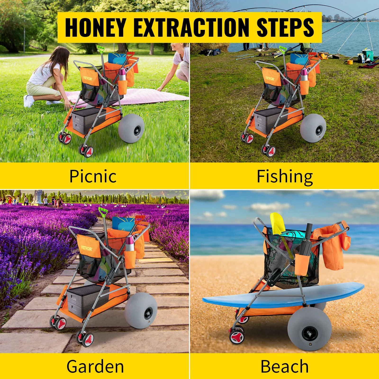 Carrito de playa VEVOR Beach Wonder Wheeler utilizado en picnics, pesca, jardines y playas.