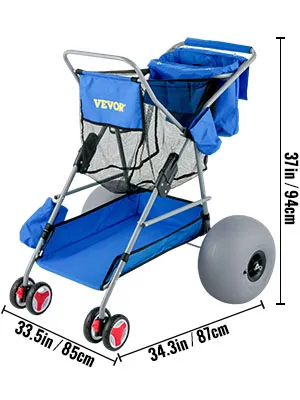 Carrito de playa VEVOR con ruedas grandes, bolsa de malla y tela azul para facilitar el transporte de arena. 37 pulgadas de alto.