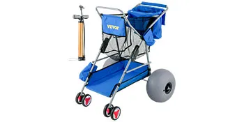 Carrito de playa VEVOR con almacenamiento, ruedas grandes y una bomba adjunta, perfecto para transportar equipos de playa.