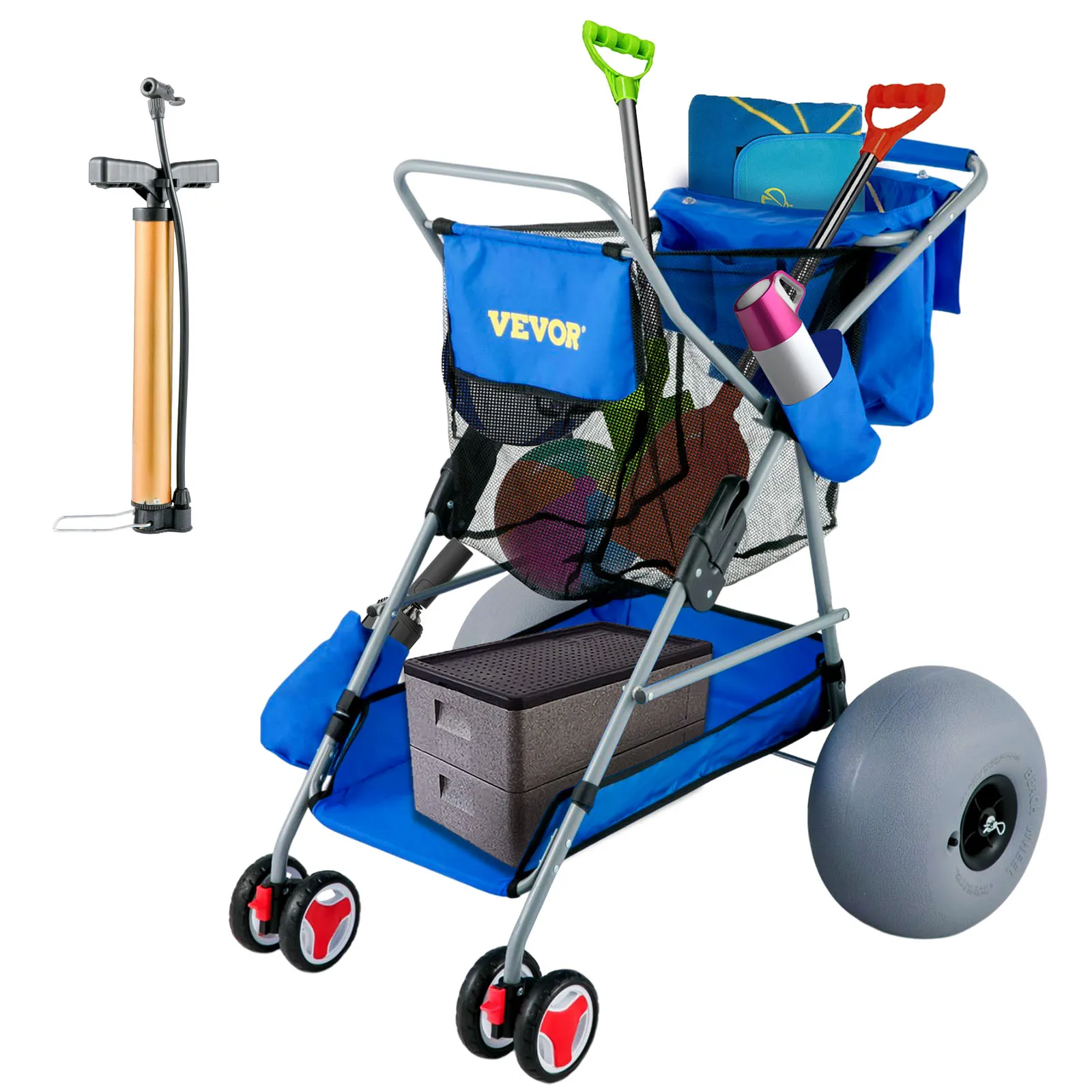 Carrito de playa VEVOR con ruedas grandes, bolsa de malla, cajas de almacenamiento, accesorios de playa y bomba incluidos.