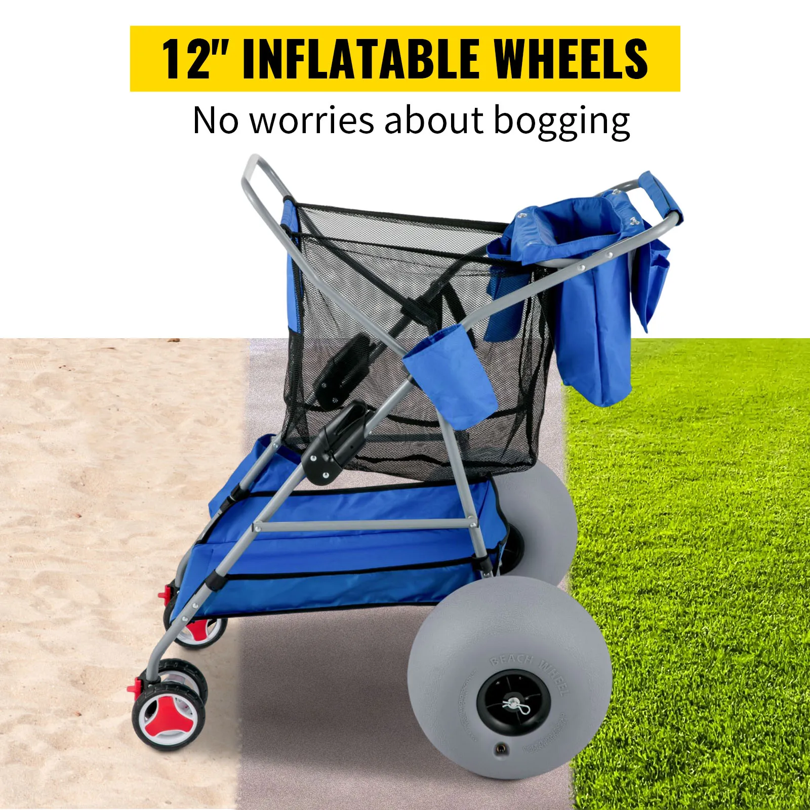 Carrito de playa VEVOR con ruedas inflables de 12" mostrado sobre arena y césped, con un marco de malla azul.