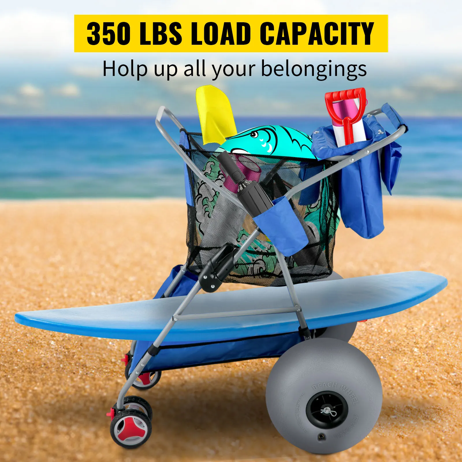 Carrito de playa VEVOR con capacidad de carga de 350 libras en la arena, equipado con equipo de playa y una tabla de surf.