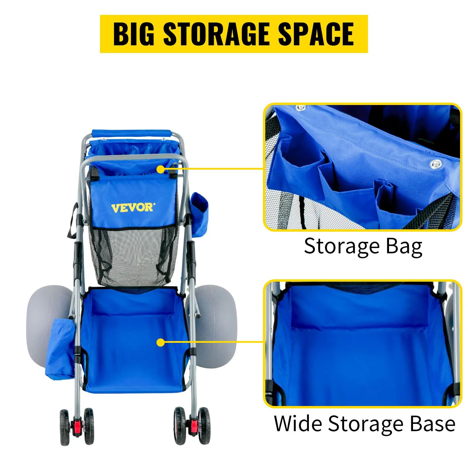 Carrito de playa VEVOR con gran bolsa de almacenamiento, amplia base de almacenamiento y tela azul para facilitar el transporte a la playa.