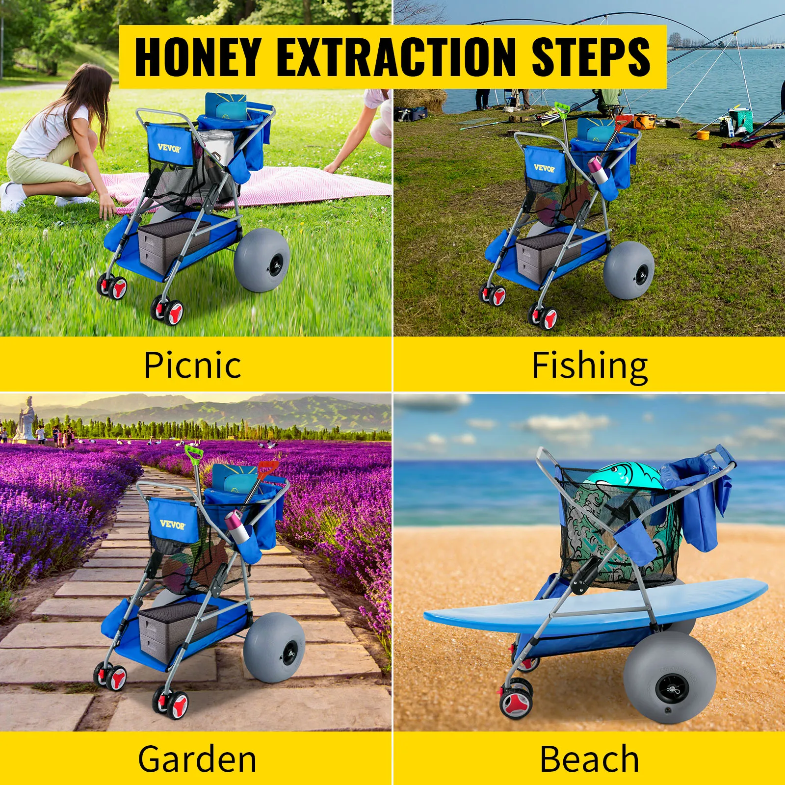 Carro de playa VEVOR utilizado para picnic, pesca, jardinería y actividades de playa, destacando su versatilidad.