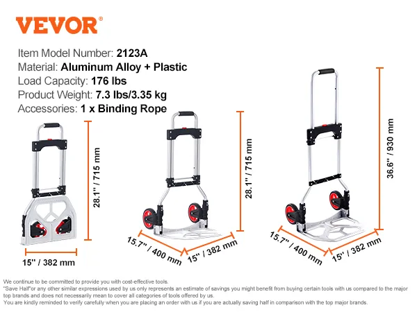 VEVOR folding hand truck with aluminum alloy frame, 176 lbs load capacity, and foldable design.