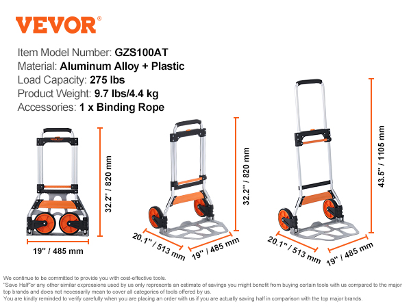 VEVOR Folding Hand Truck, 275 lbs Load Capacity, Aluminum