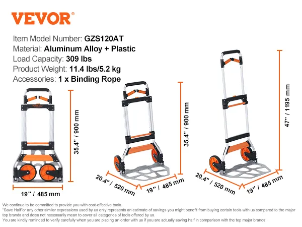 VEVOR folding hand truck gzs120at, aluminum alloy and plastic, load capacity 309 lbs, weight 11.4 lbs.