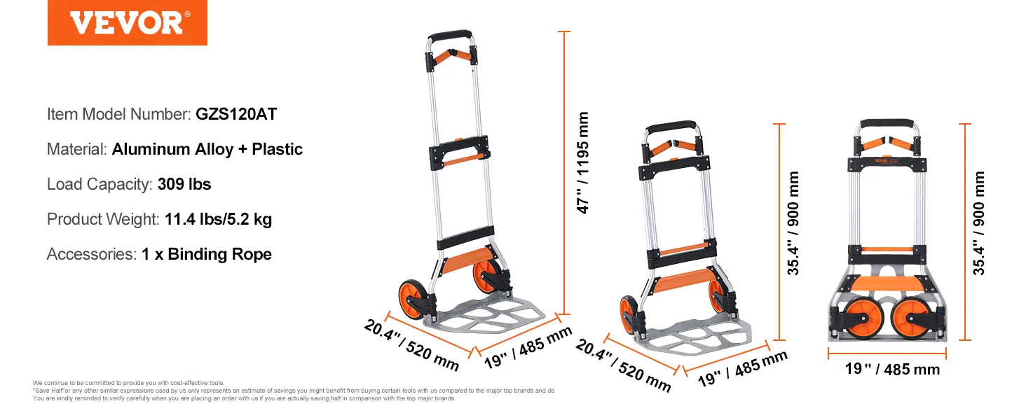 VEVOR folding hand truck gzs120at, aluminum alloy and plastic, load capacity 309 lbs, weight 11.4 lbs.