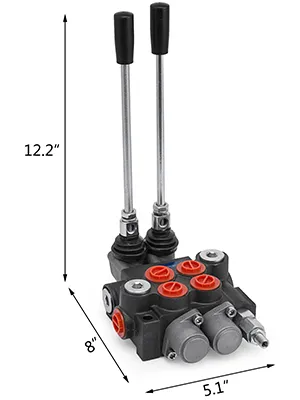 VEVOR hydraulic control valve with dimensions marked: 12.2"x8"x5.1".