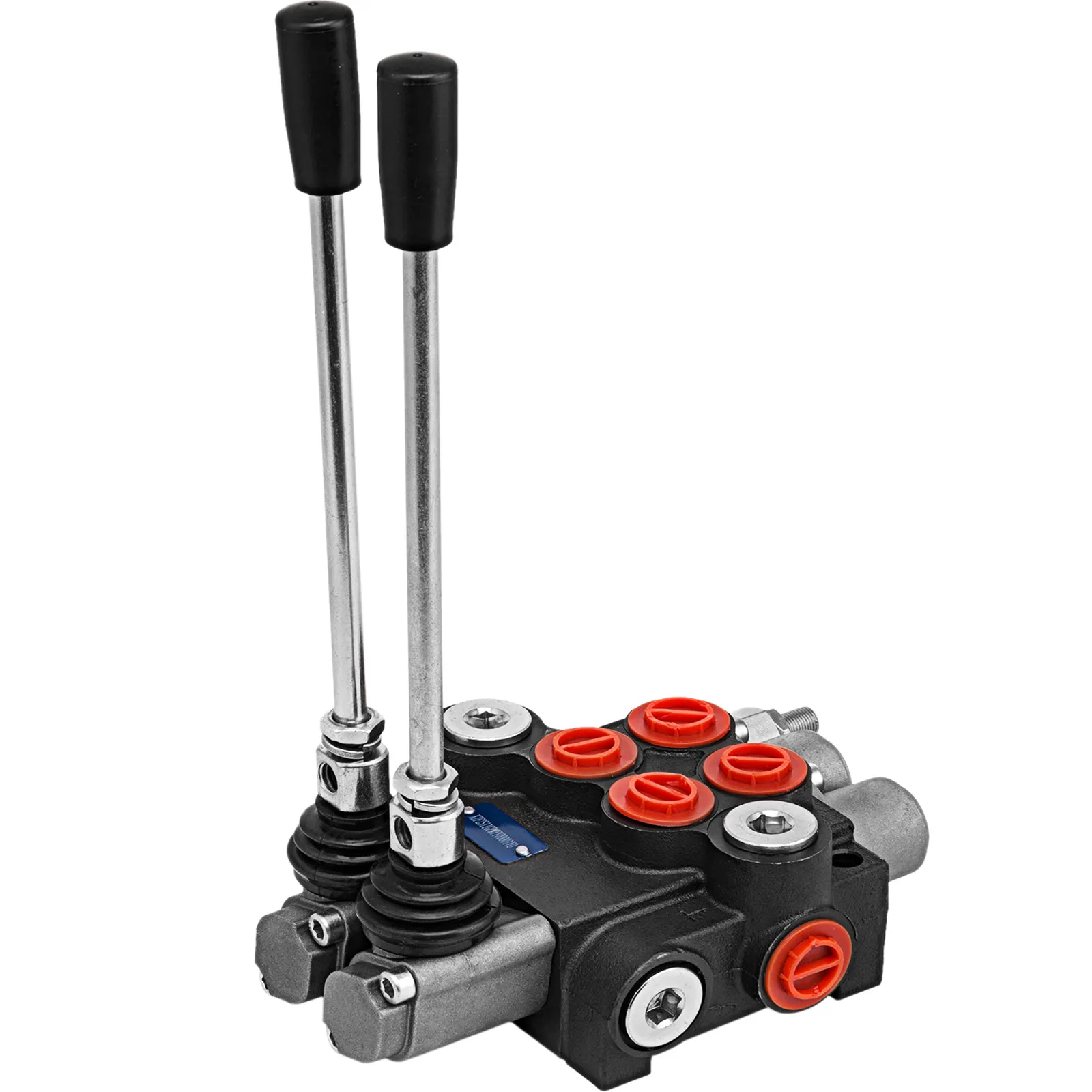 VEVOR hydraulic control valve with dual levers and red caps on a black valve body