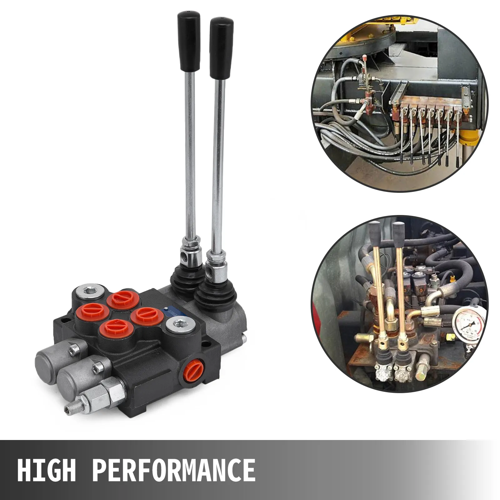 VEVOR hydraulic control valve with two levers, high performance, engineering applications.