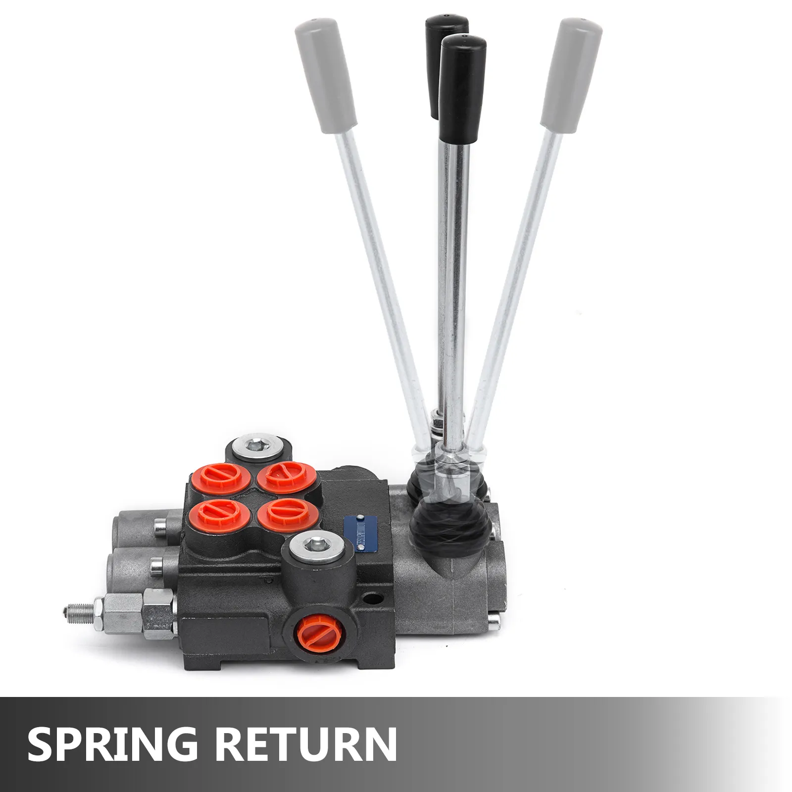 VEVOR hydraulic control valve with three levers and red knobs, spring return.