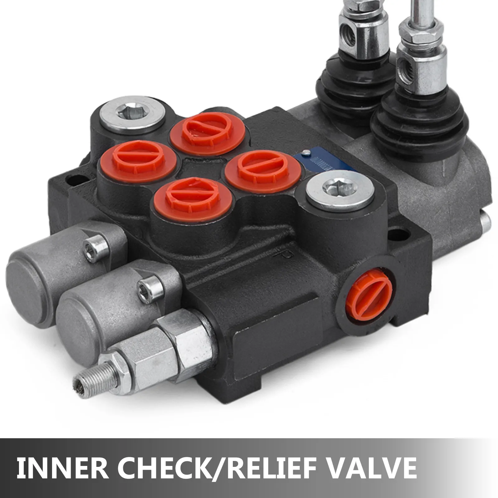 VEVOR hydraulic control valve with red caps and connectors for check/relief operations.