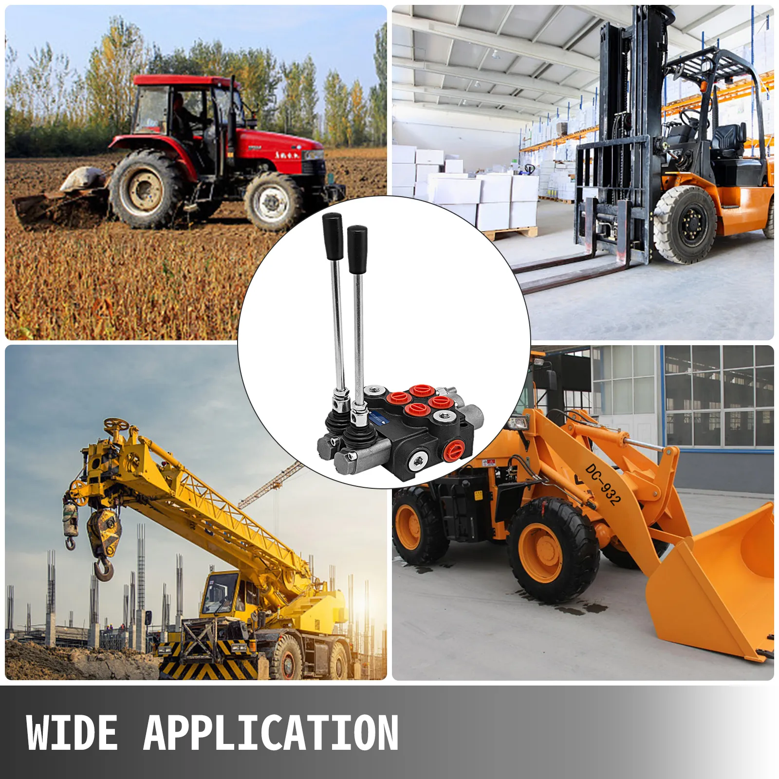 VEVOR hydraulic control valve used in tractors, forklifts, cranes, and loaders.
