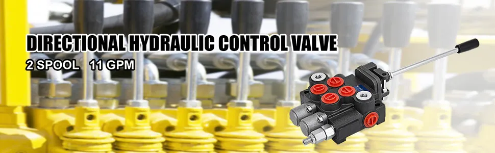 VEVOR hydraulic valve, 2 spool, 11 gpm with lever against industrial background.