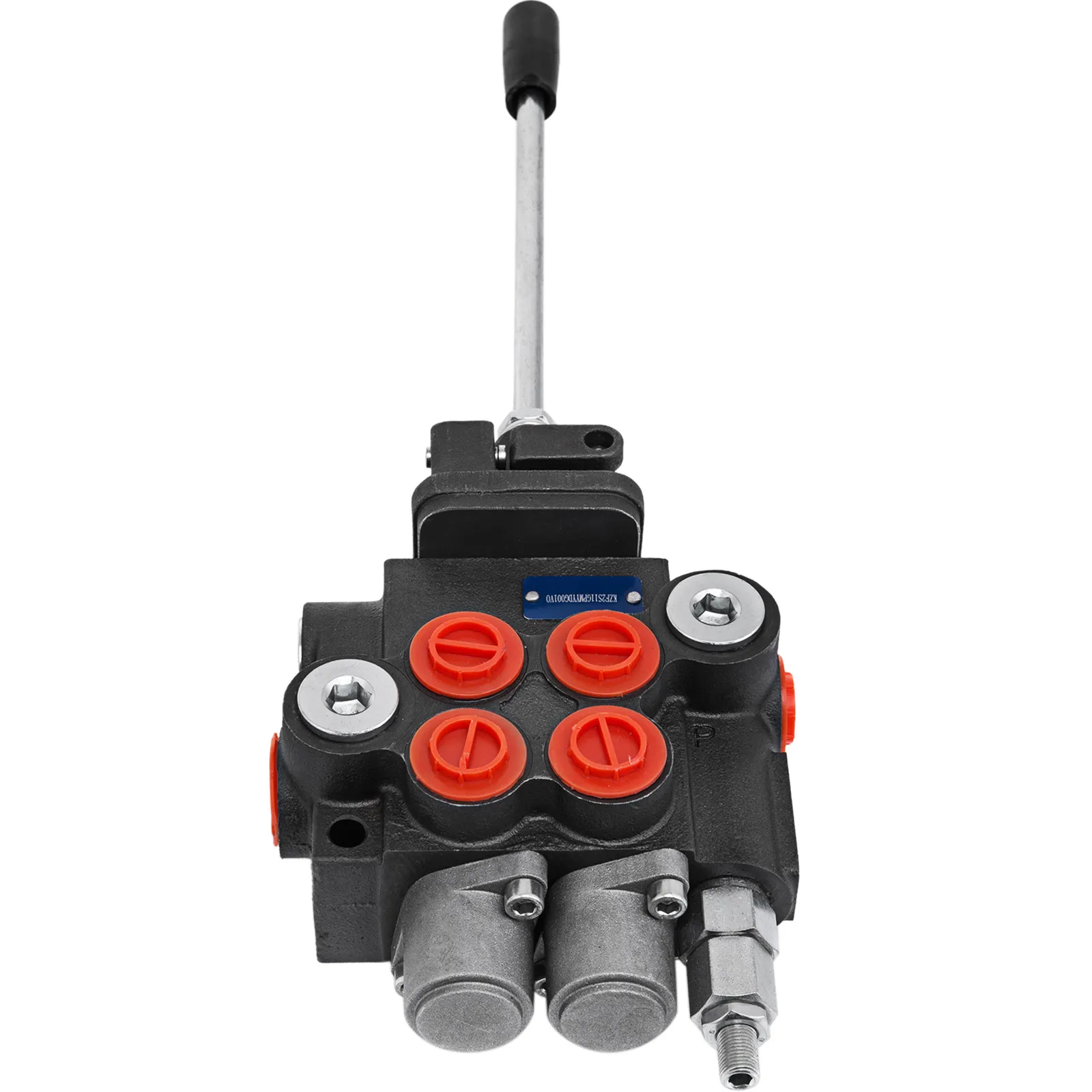VEVOR hydraulic valve with control lever and red caps on black body.