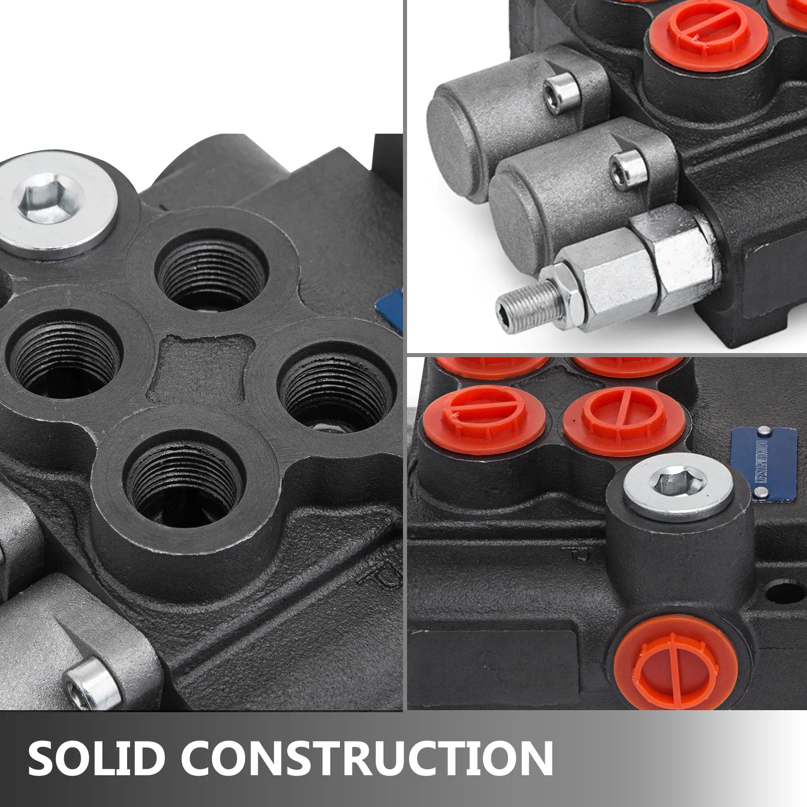 VEVOR hydraulic valve with threaded ports, red caps, and sturdy construction detail.
