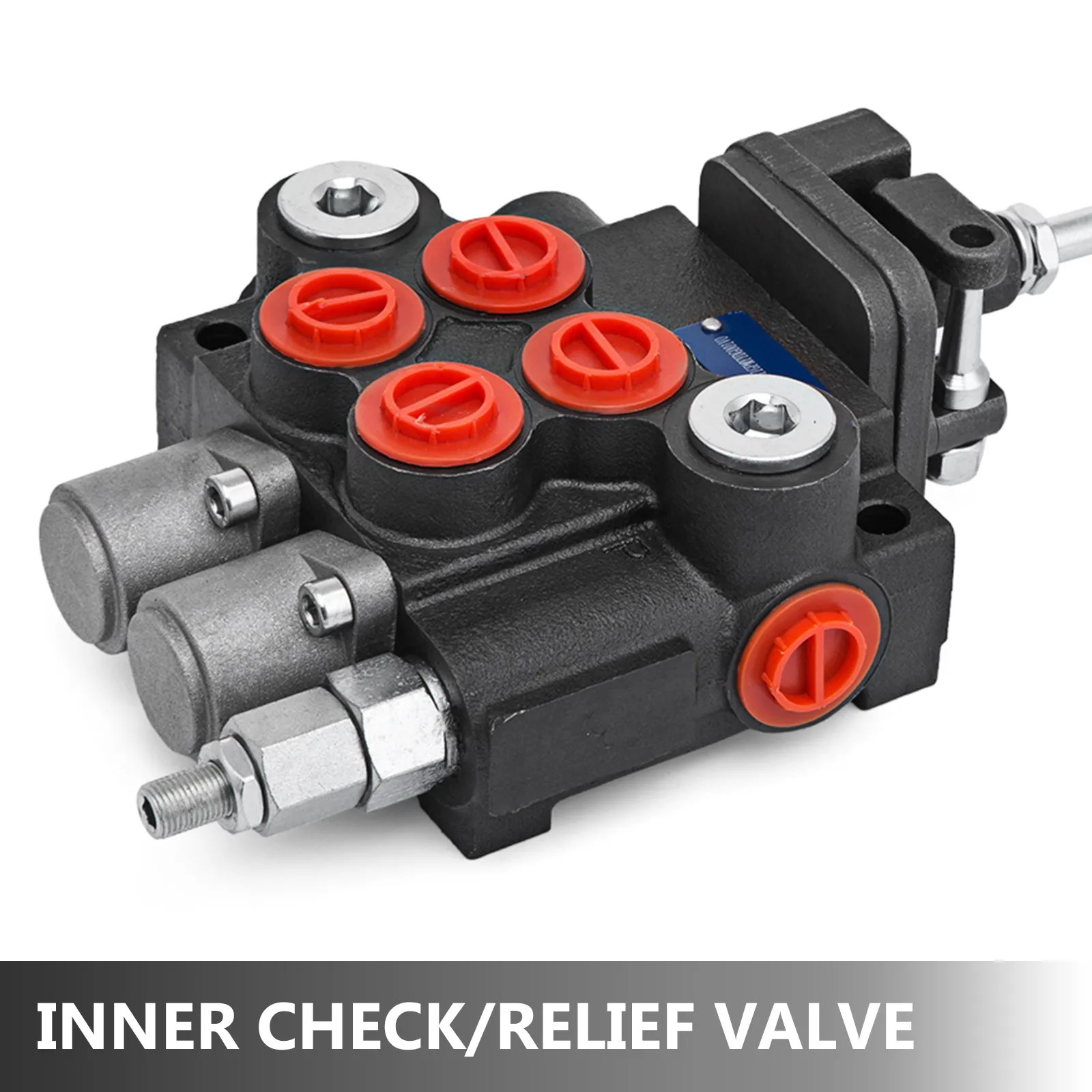 VEVOR hydraulic valve with red caps, silver connectors, and mounting holes. includes inner check/relief valve.
