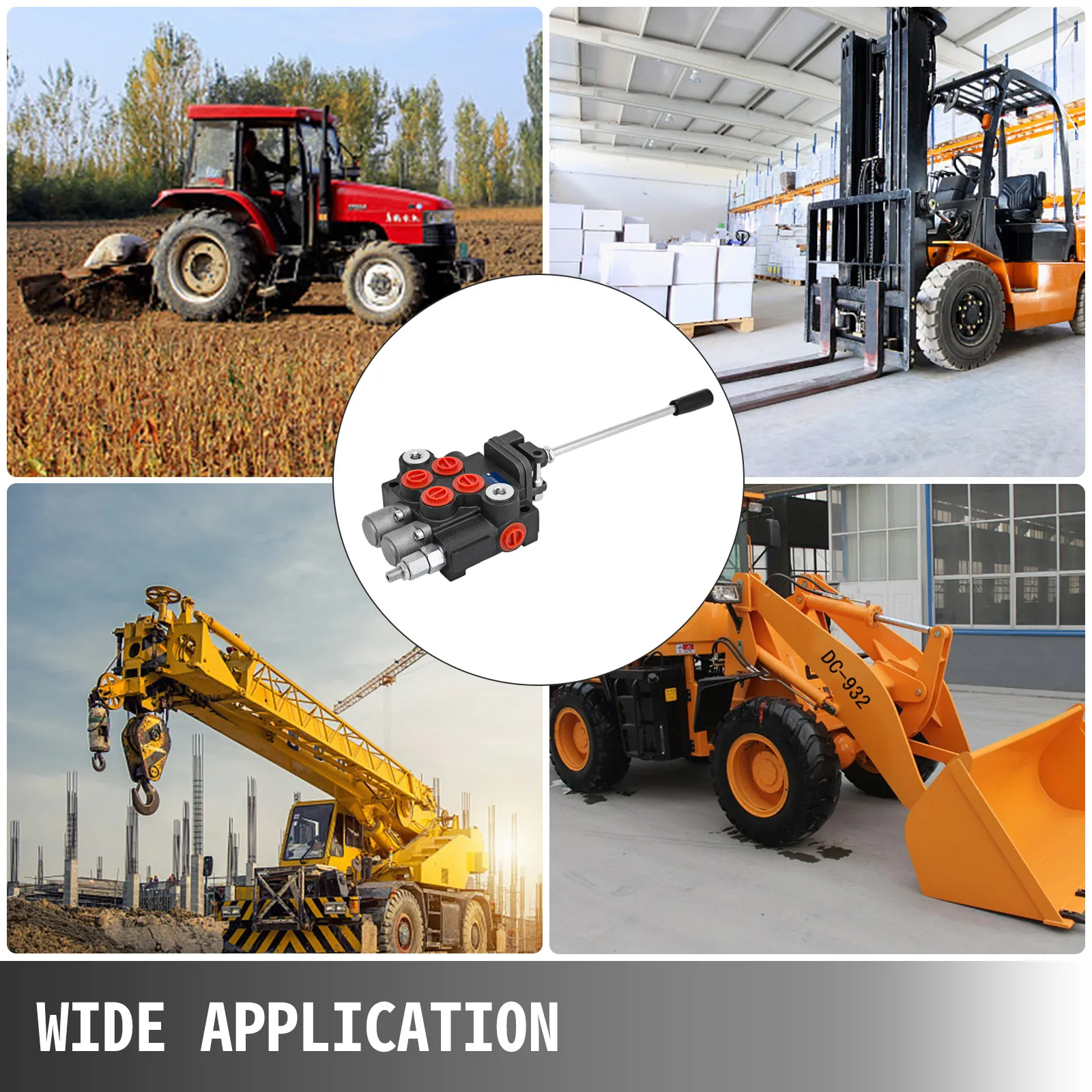 VEVOR hydraulic valve applications: tractor, forklift, crane, loader.