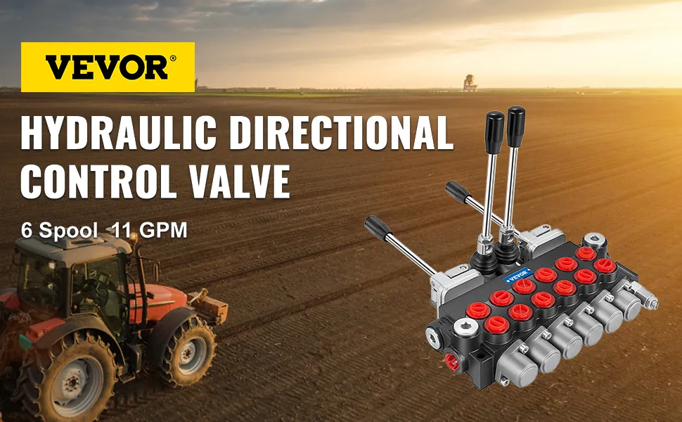 VEVOR hydraulic control valve, 6 spool, 11 gpm, with tractor in background.