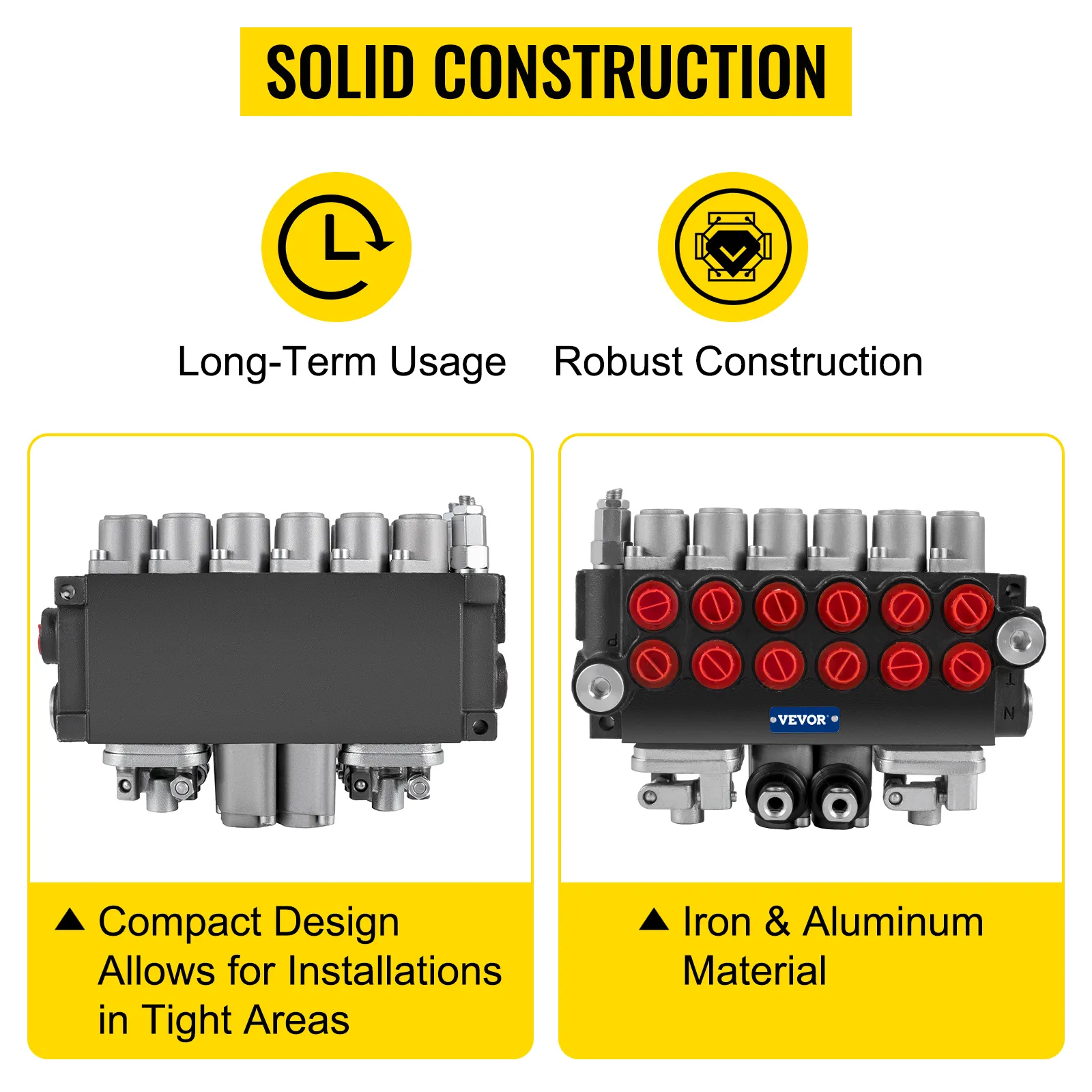 VEVOR hydraulic control valve, compact design, iron and aluminum material, robust construction.