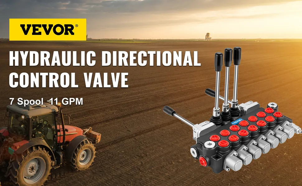 VEVOR hydraulic control valve in a farm field with a tractor in the background