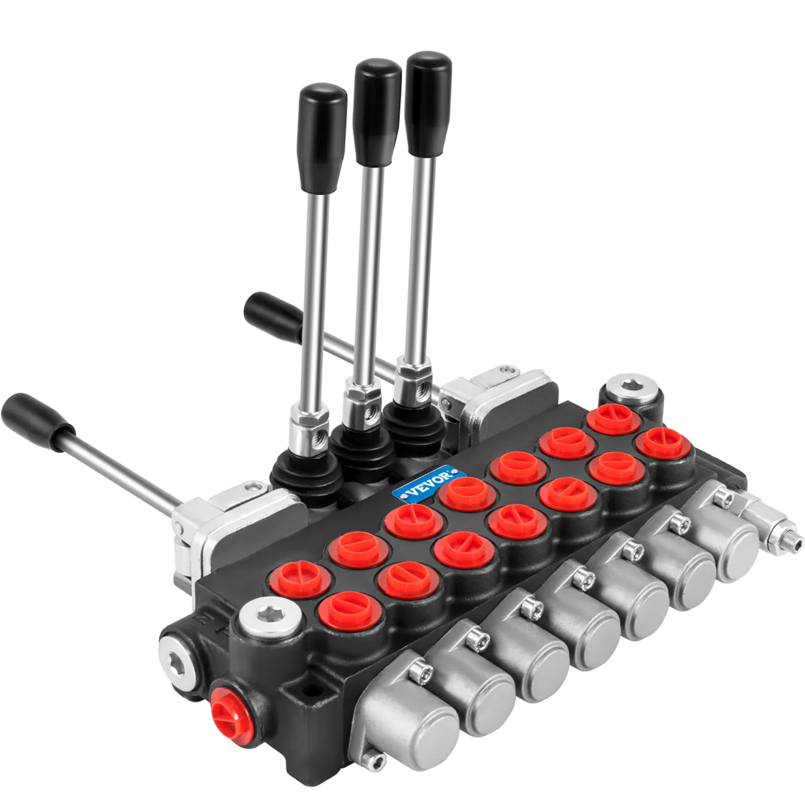 VEVOR hydraulic control valve with multiple levers and red capped ports.