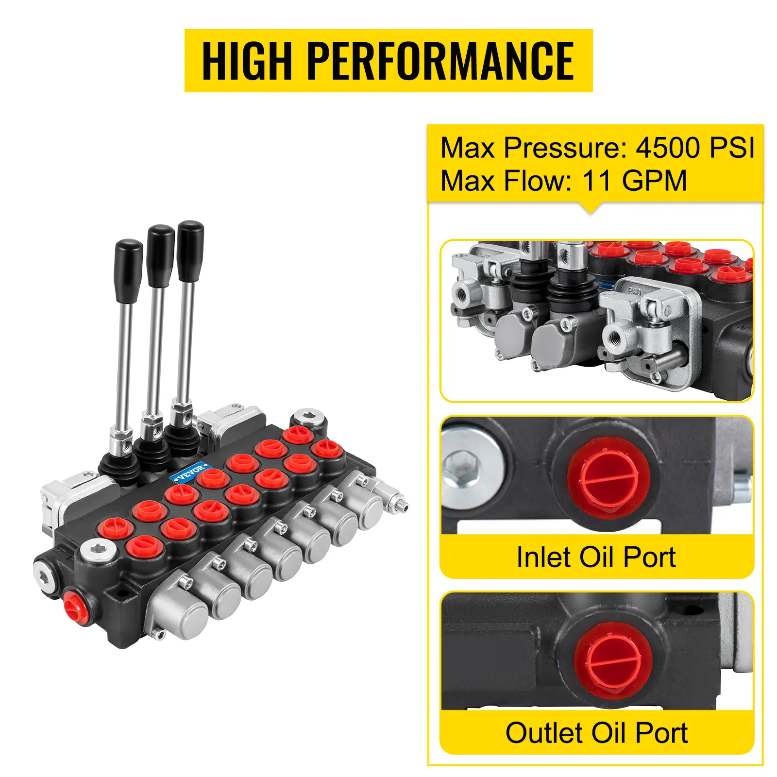 VEVOR hydraulic control valve with levers, 4500 psi max pressure, and 11 gpm flow rate.