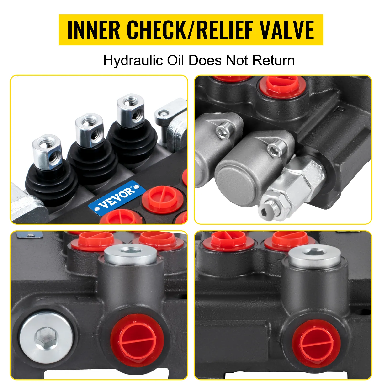 VEVOR hydraulic control valve with inner check/relief valve, preventing oil return.