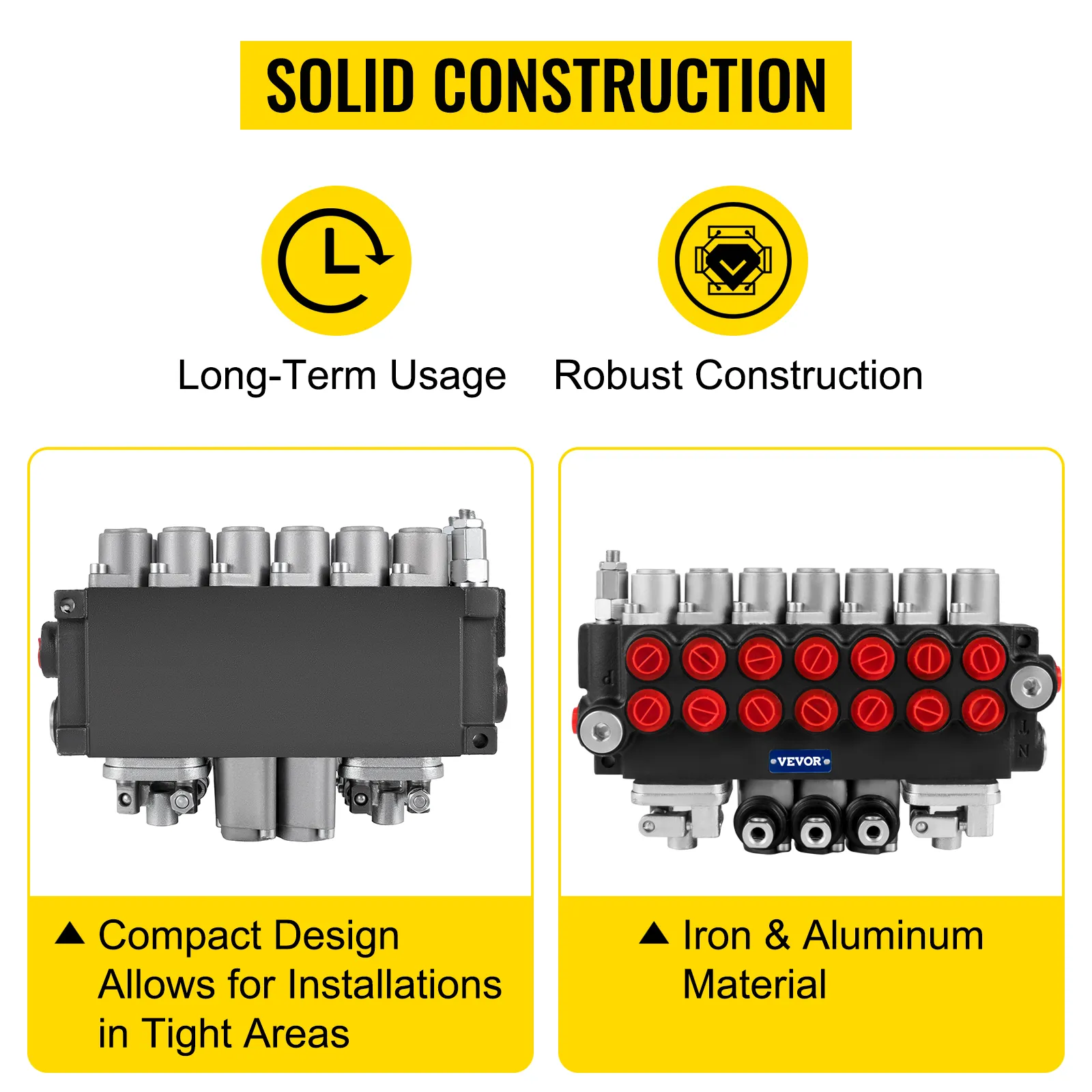 VEVOR hydraulic control valve features robust iron and aluminum construction.