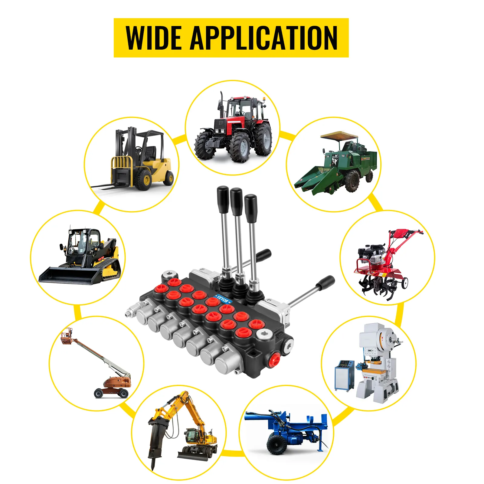 VEVOR hydraulic control valve used in tractors, forklifts, and other machinery.