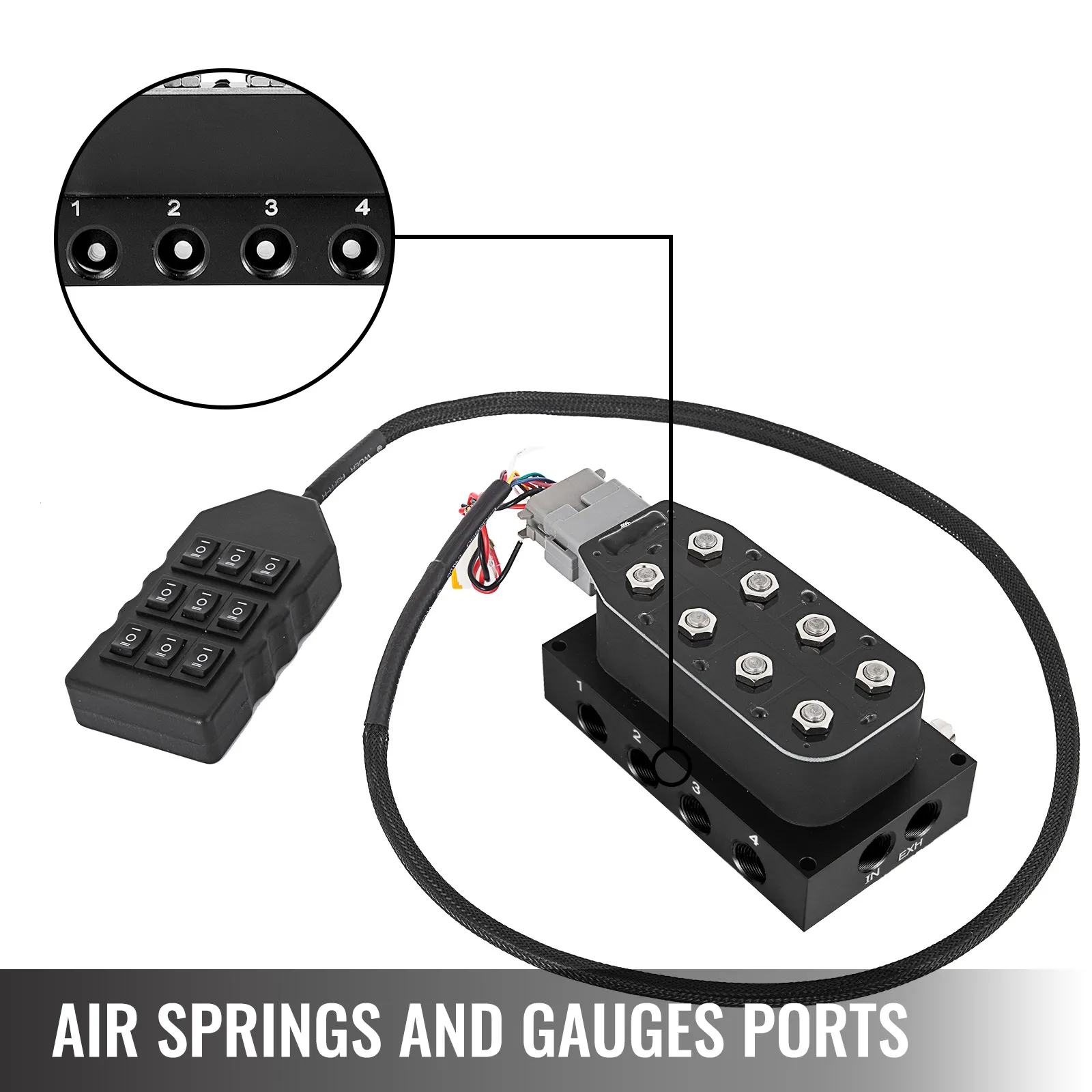 VEVOR accu x4 solenoid valve with air springs and gauges ports.