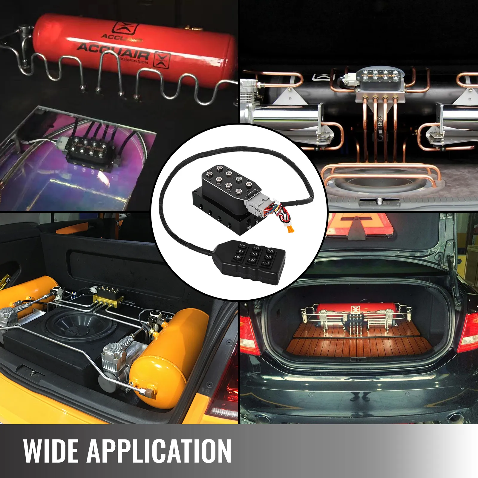 VEVOR accu x4 solenoid valve in various automotive air suspension setups. wide application.