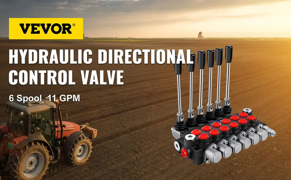 VEVOR hydraulic control valve with 6 spools on a farm background, 11 gpm capacity.