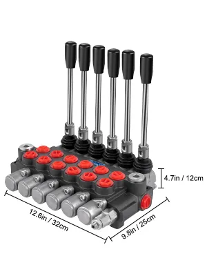 VEVOR hydraulic control valve with six levers and dimensions displayed.