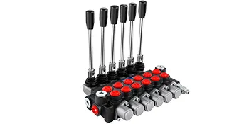 VEVOR hydraulic control valve with six levers and multiple red and silver ports.