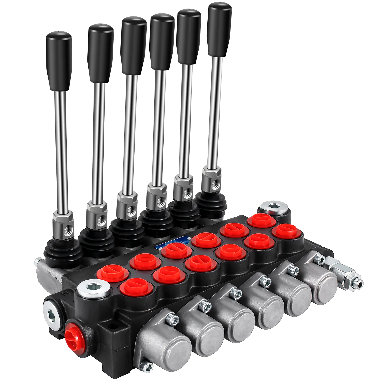 VEVOR hydraulic control valve with six levers and red caps on a black base.