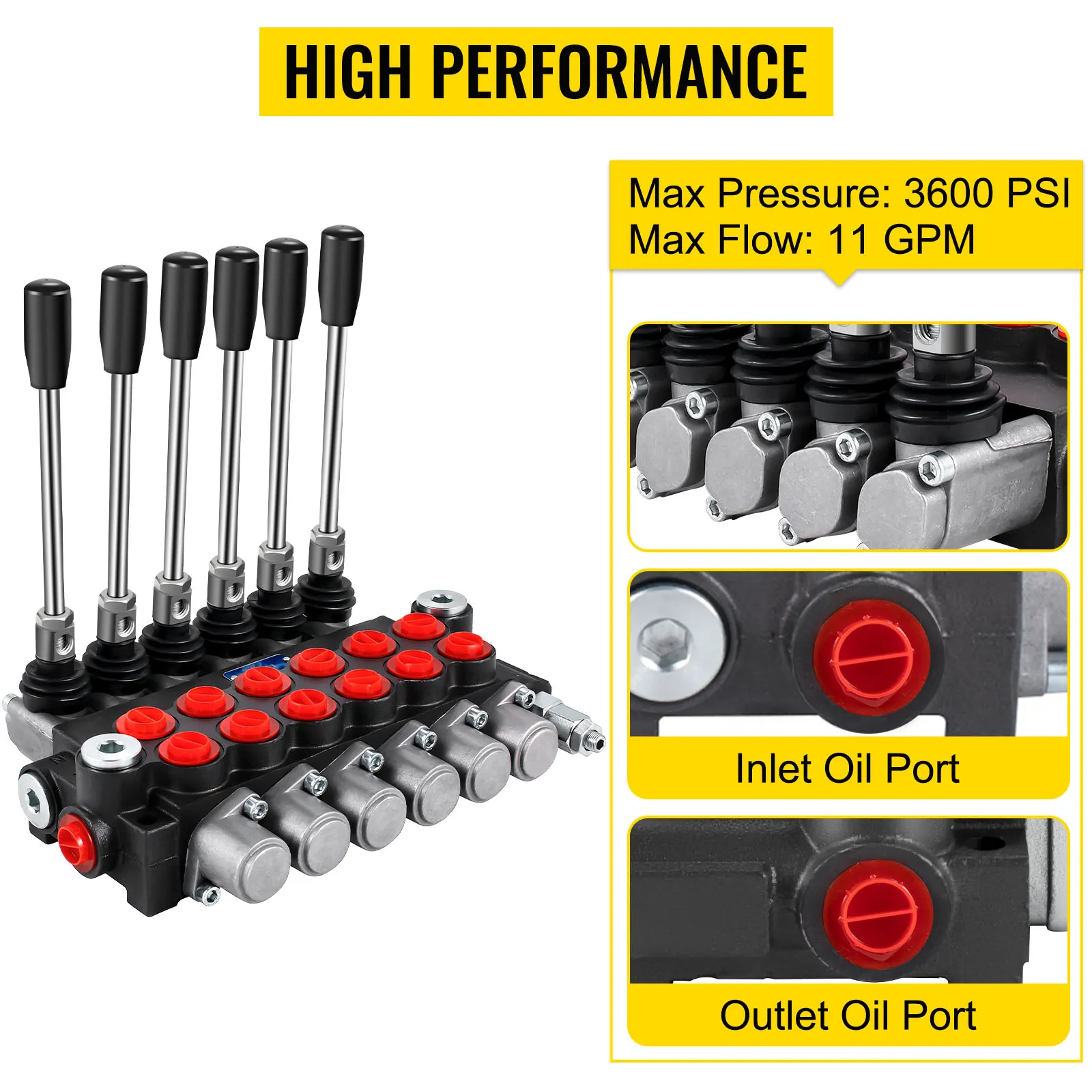 VEVOR hydraulic control valve, max pressure 3600 psi, max flow 11 gpm, high performance.