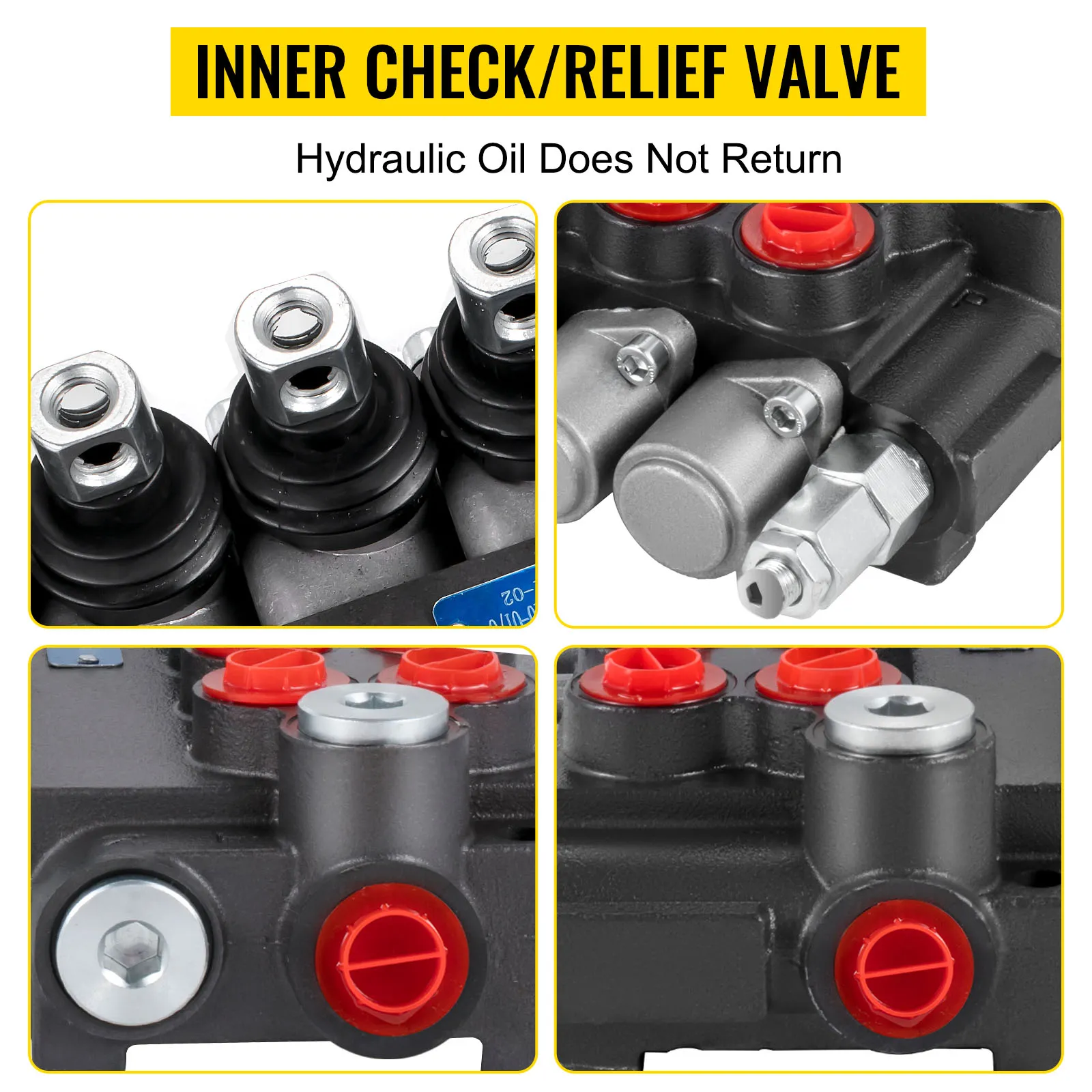 inner check/relief valve details on VEVOR hydraulic control valve, preventing oil return.
