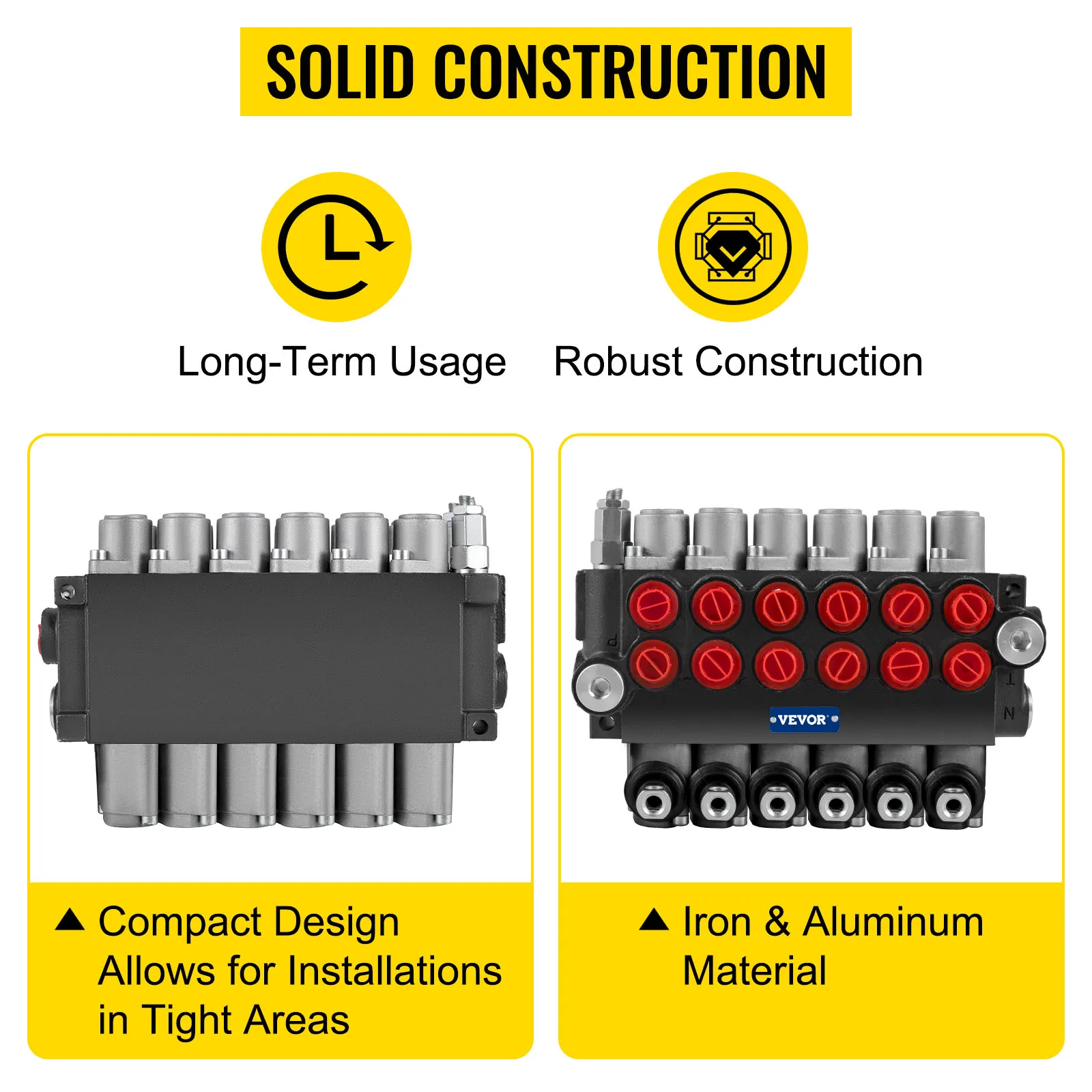 VEVOR hydraulic control valve with robust iron and aluminum construction, compact design.