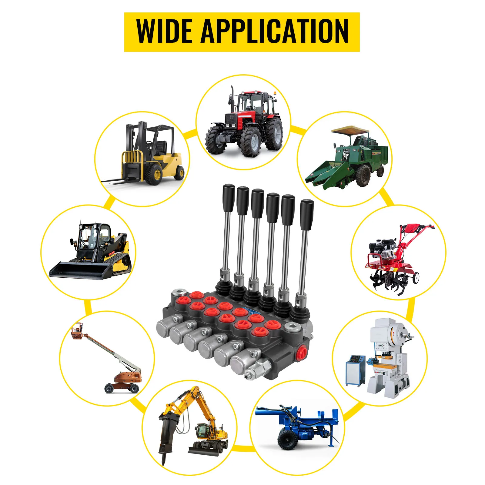 VEVOR hydraulic control valve with multiple levers, showing wide application in machinery.
