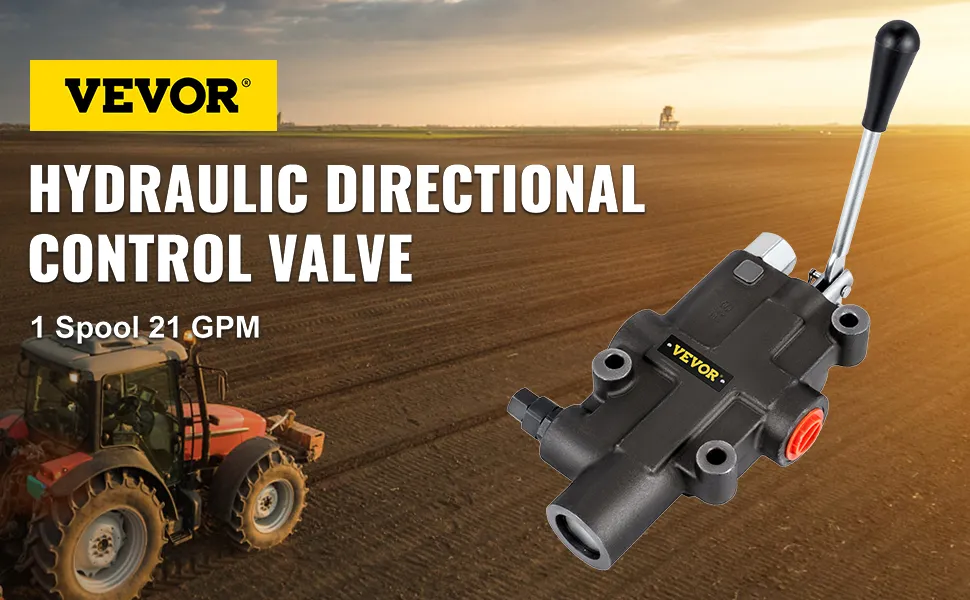 VEVOR hydraulic control valve, 1 spool 21 gpm, with lever, in a field with tractor.