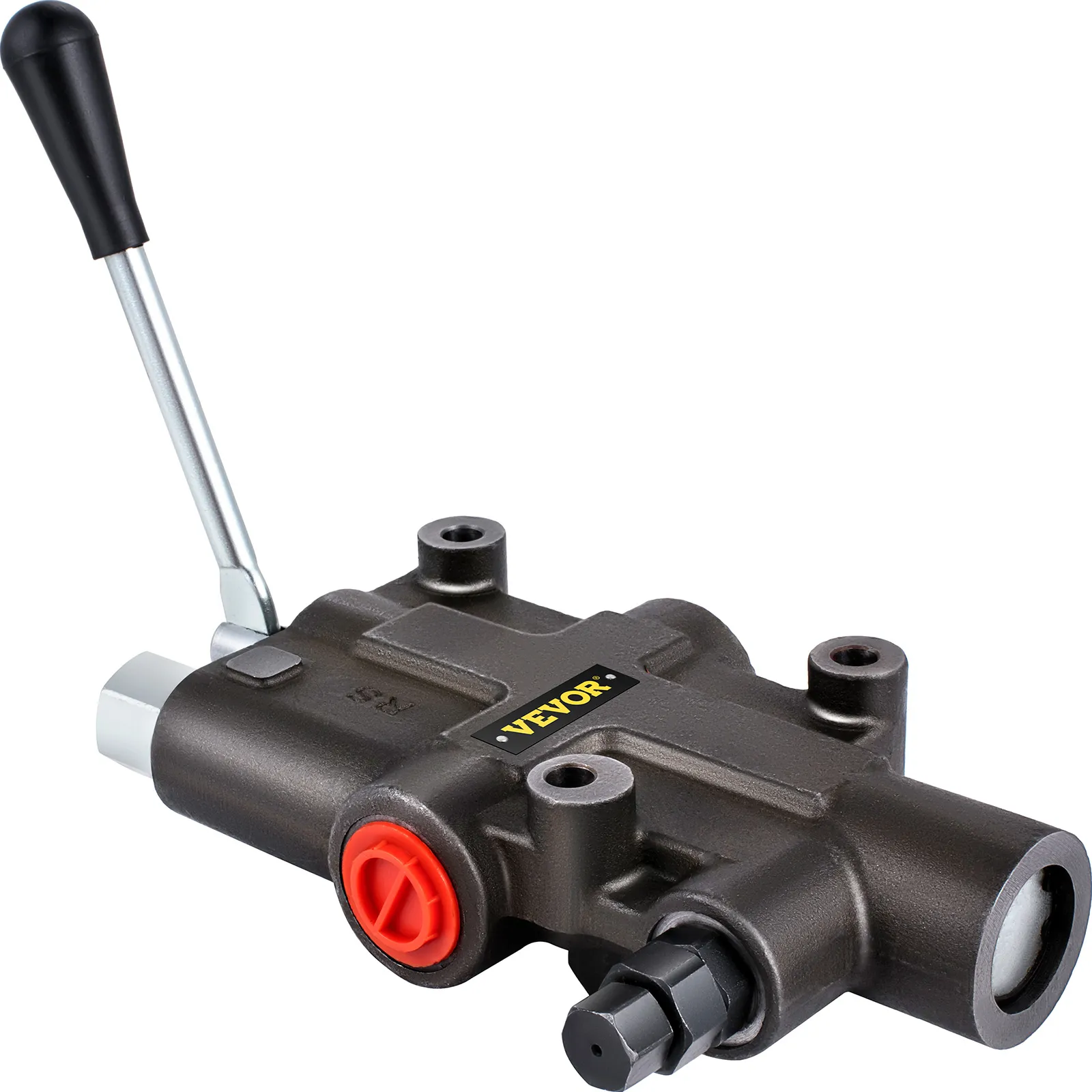 VEVOR hydraulic control valve with black handle and red cap, showcasing durability.