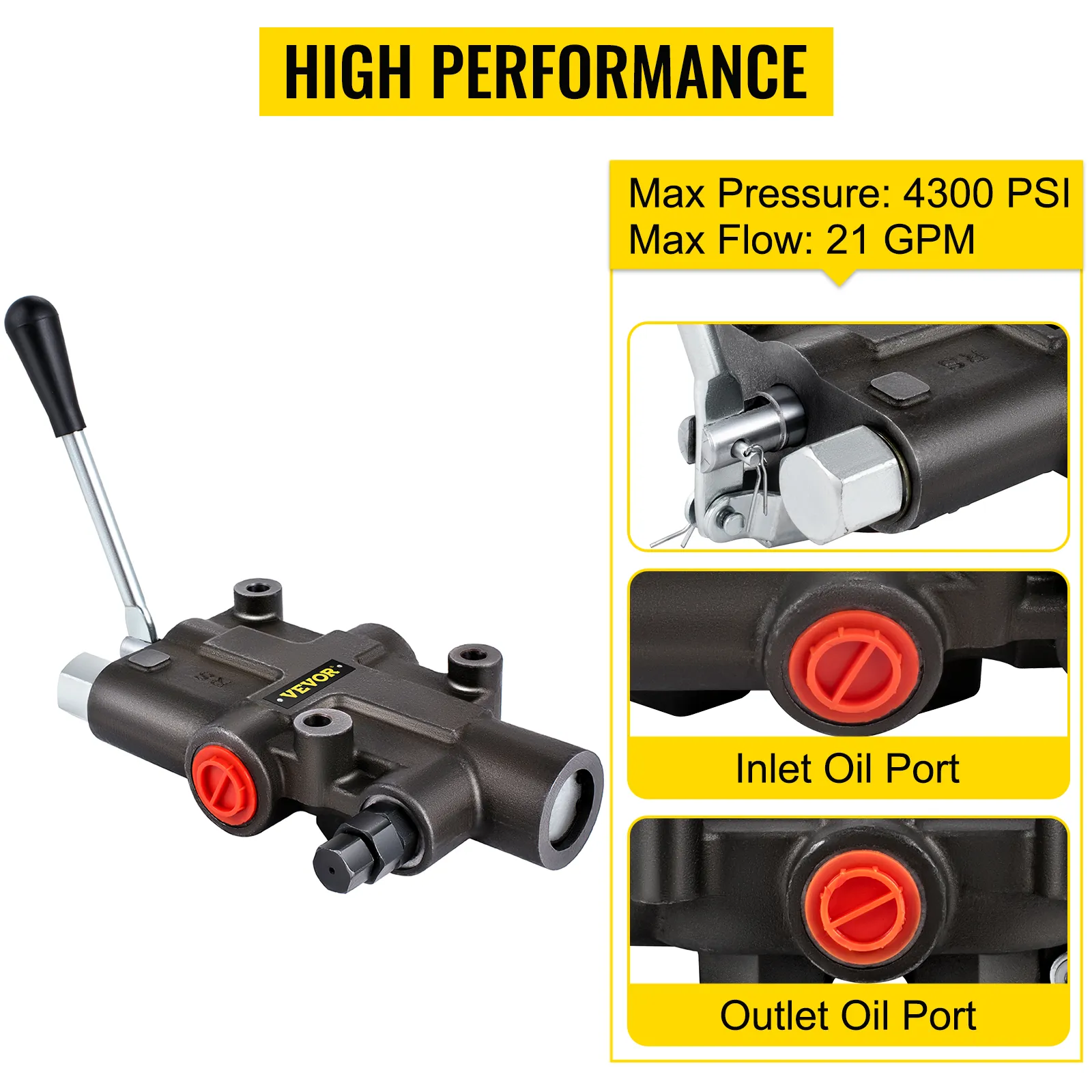 VEVOR hydraulic control valve with handle, pressure of 4300 psi, and flow of 21 gpm.