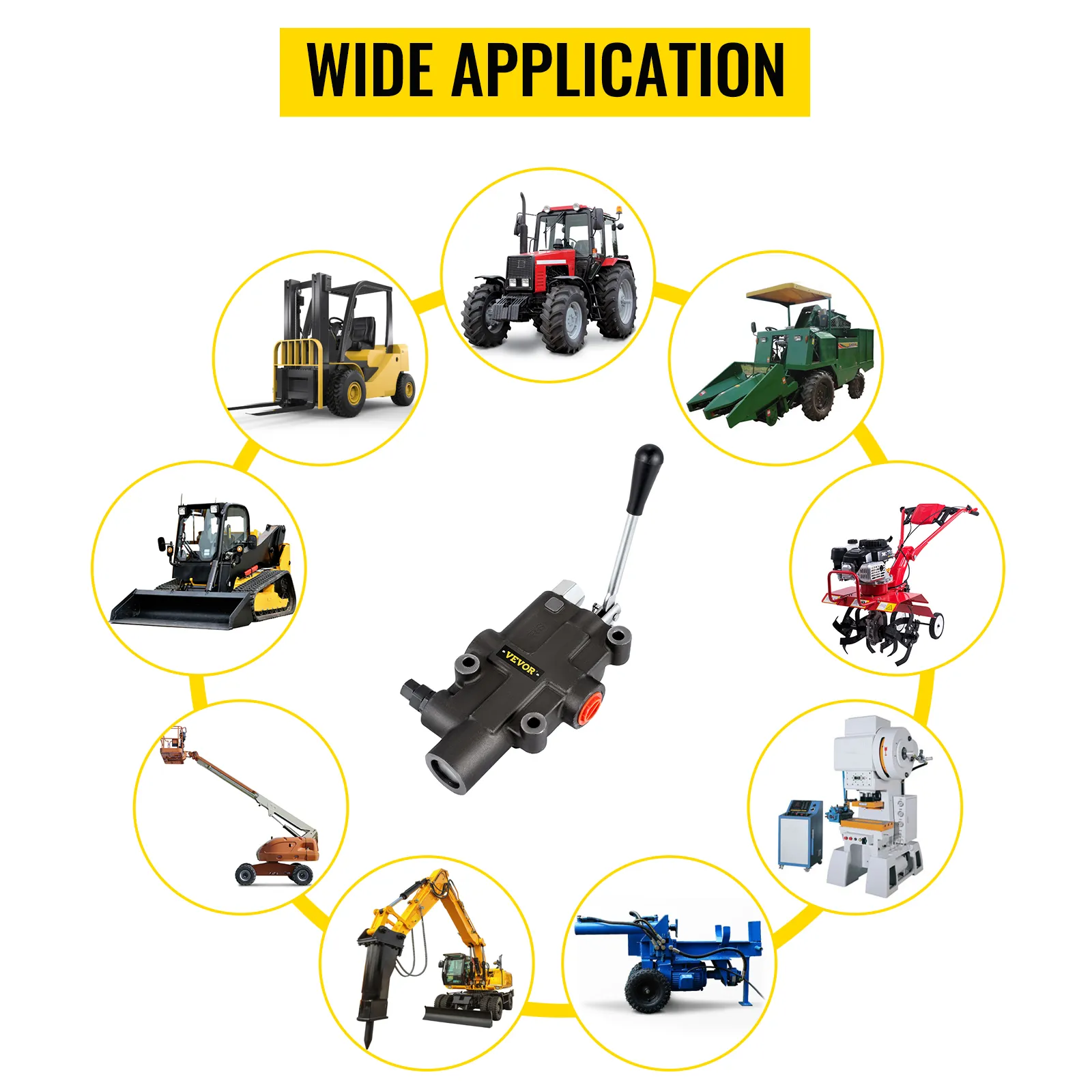 VEVOR hydraulic control valve with applications in various machinery and equipment.