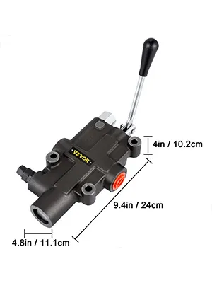 VEVOR hydraulic control valve with handle, 9.4in x 4.8in x 4in dimensions.