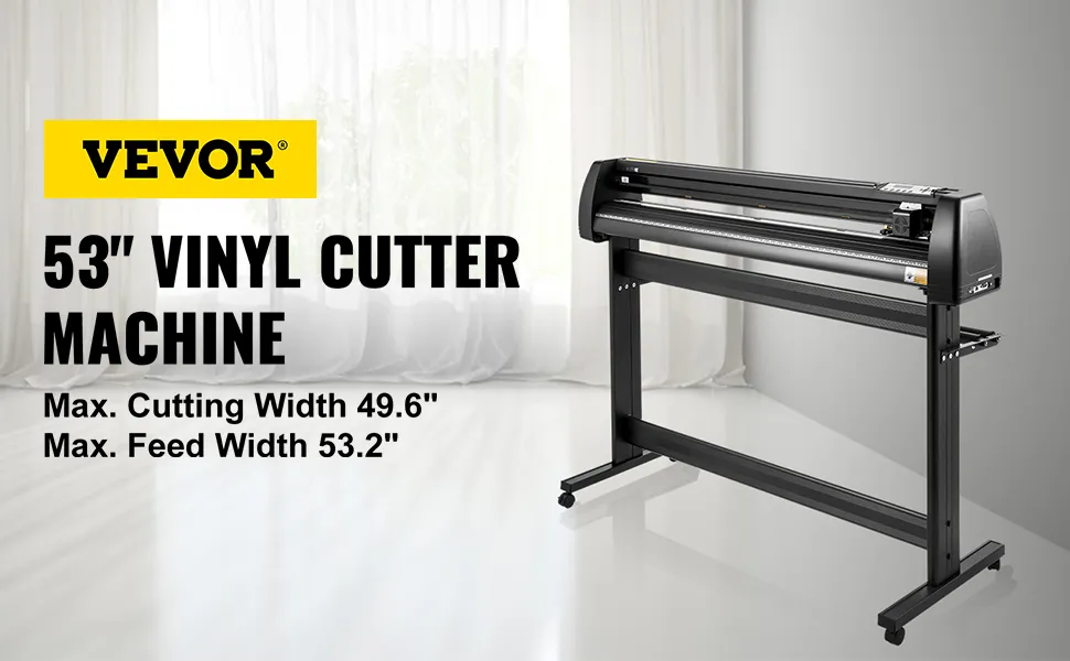 Máquina cortadora de vinilo VEVOR, cortadora de 53 pulgadas con un elegante soporte negro en una habitación luminosa.