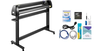 Máquina cortadora de vinilo VEVOR con accesorios, cables y manual de funcionamiento.