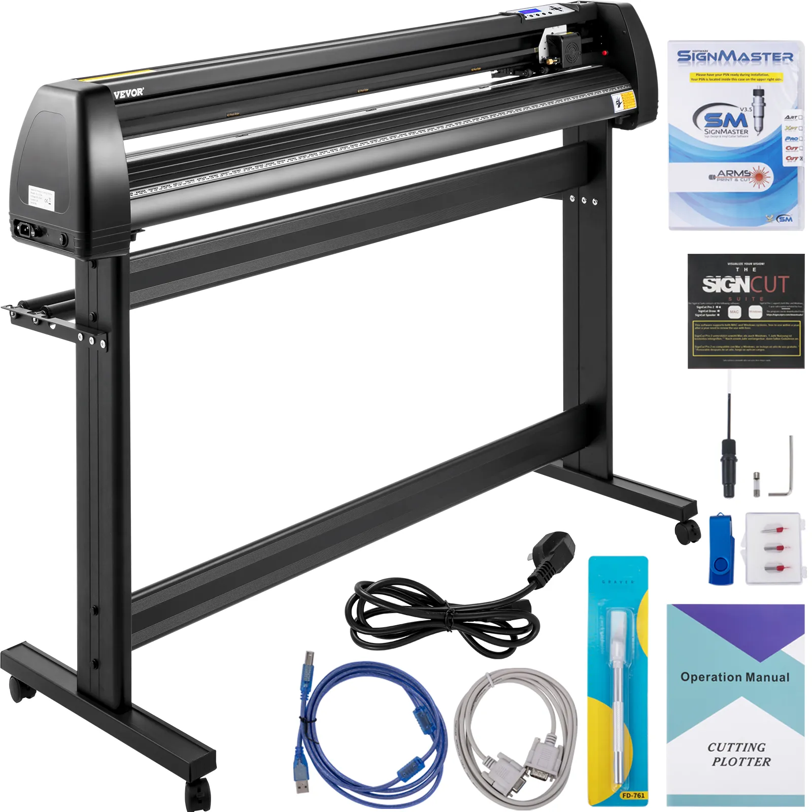 Máquina cortadora de vinilo VEVOR con accesorios, cables, manuales, software y herramientas.