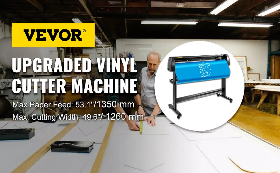 VEVOR vinyl cutter machine displayed with dimensions: max paper feed 53.1" and cutting width 49.6".